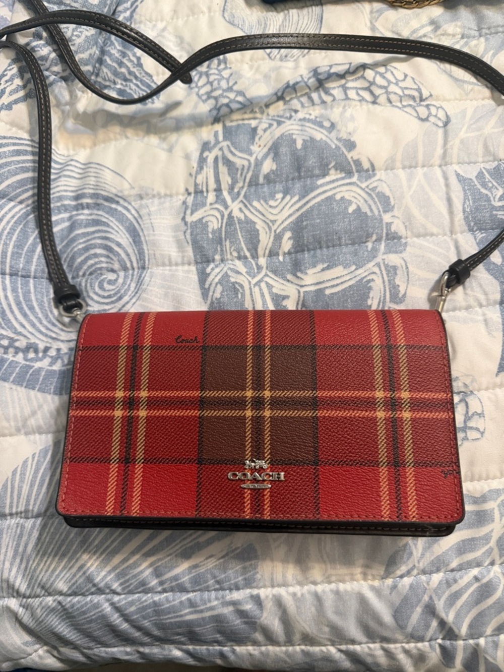 Coach Red and Brown Plaid Anna Crossbody Bag